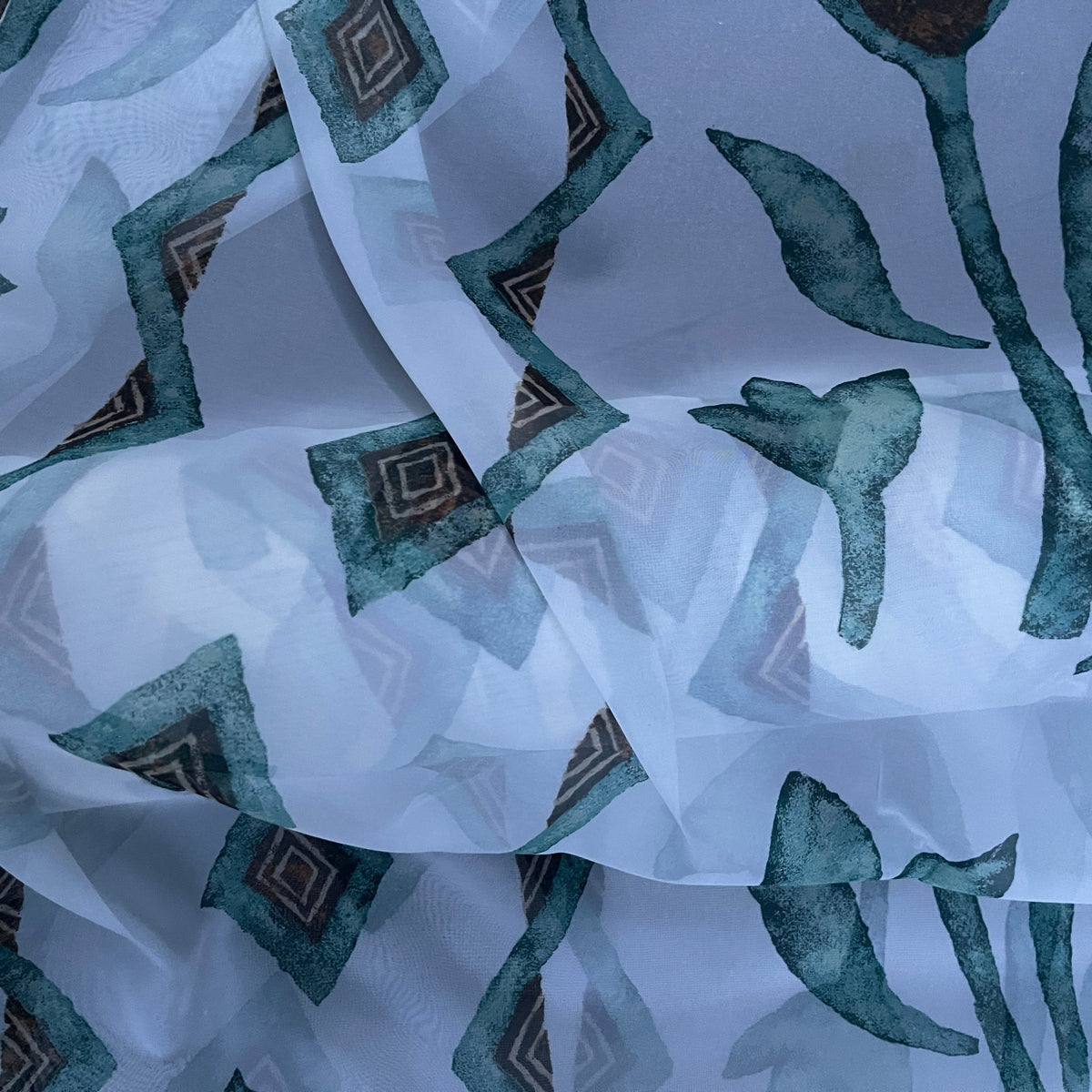 Green Bold Abstract Floral Voile Fabric 150cm, White - Bull Ring Fabrics