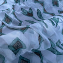 Green Bold Abstract Floral Voile Fabric 150cm, White - Bull Ring Fabrics