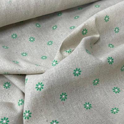Green Small Floral Daisy Cotton Linen Fabric 54" - Bull Ring Fabrics