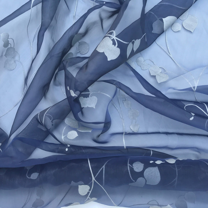 Grey Eucalyptus Leaves Organza Fabric Floral Vine Print Dress Craft, Navy - Bull Ring Fabrics