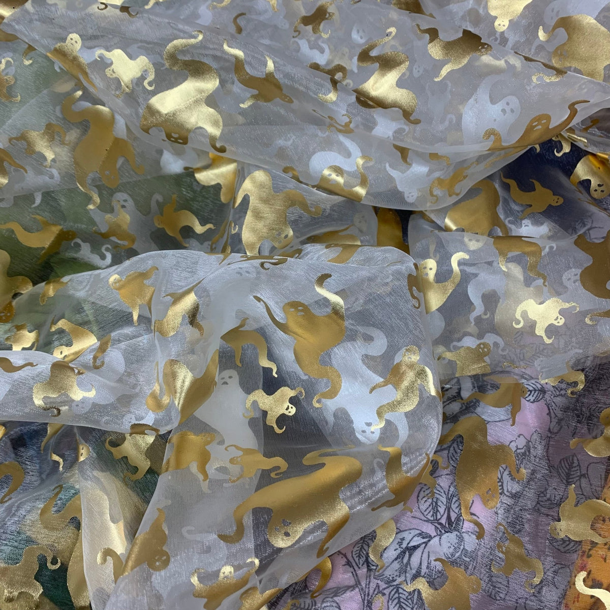 Halloween Gold Ghosts Organza Fabric Draping Decorations 150cm, White - Bull Ring Fabrics