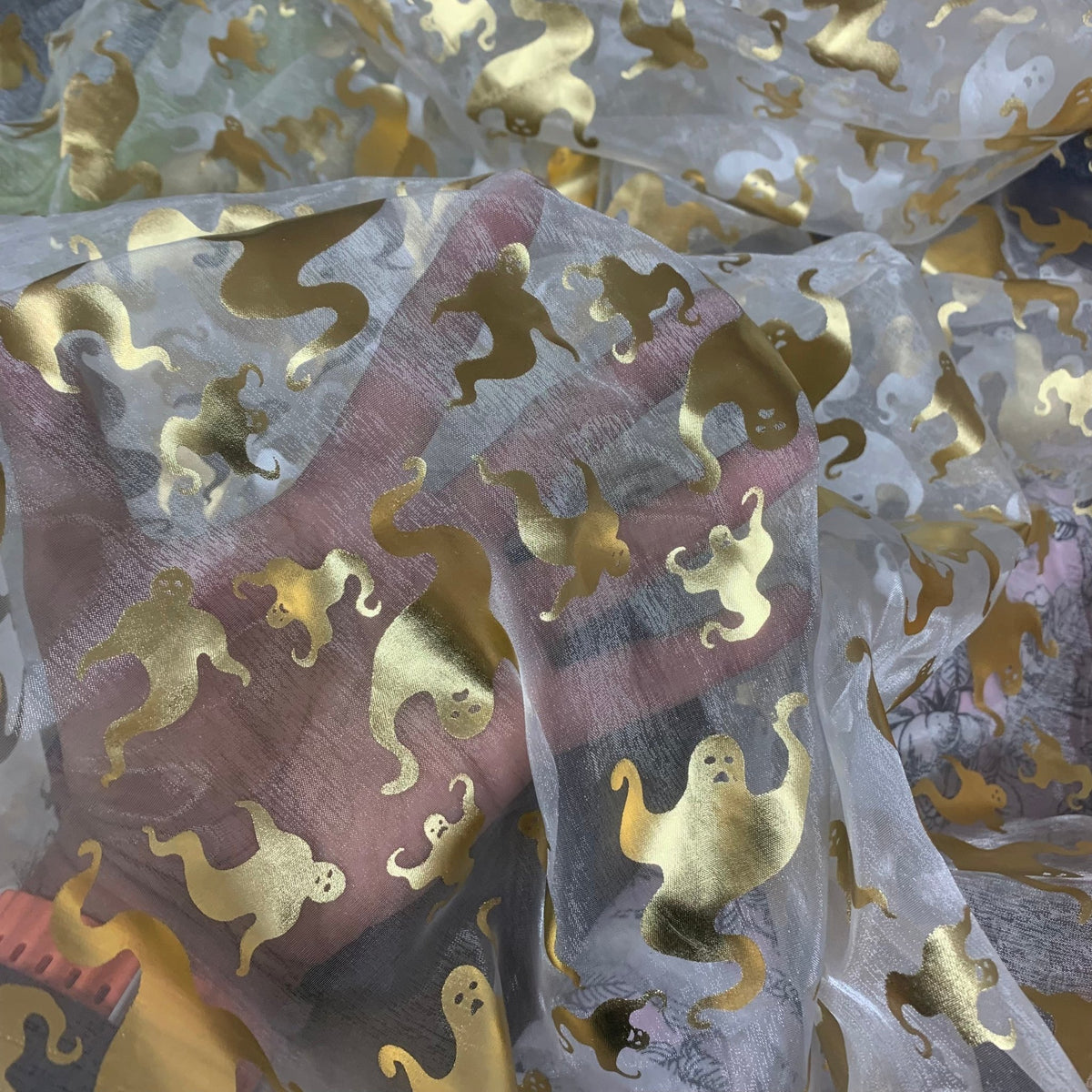 Halloween Gold Ghosts Organza Fabric Draping Decorations 150cm, White - Bull Ring Fabrics