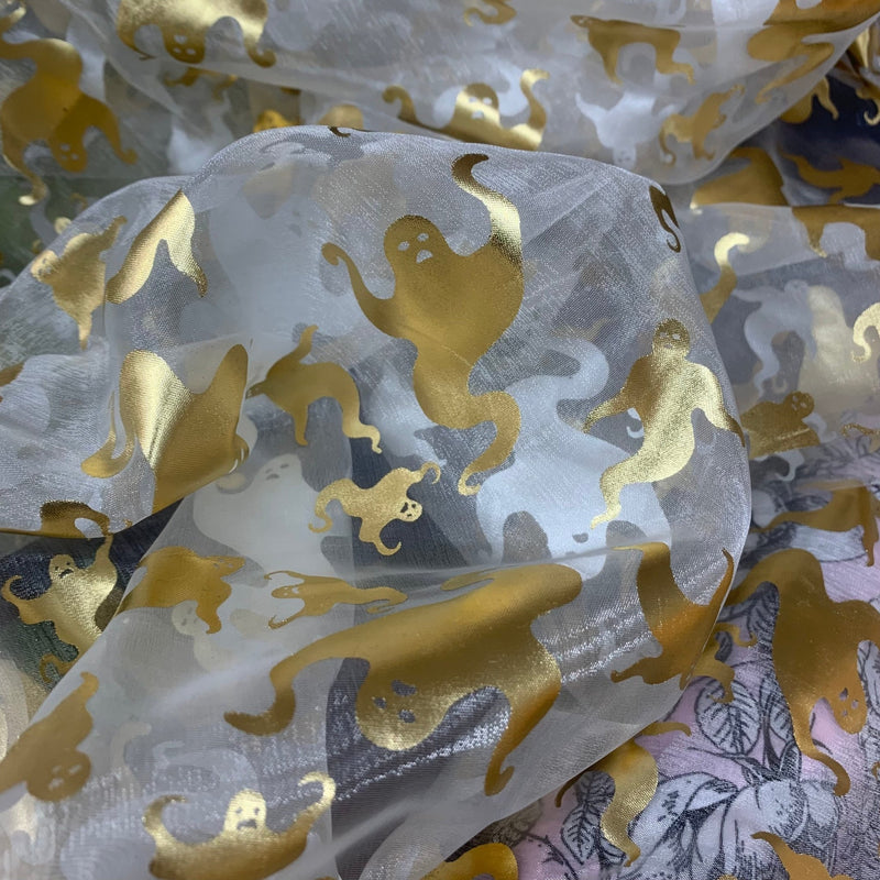 Halloween Gold Ghosts Organza Fabric Draping Decorations 150cm, White - Bull Ring Fabrics