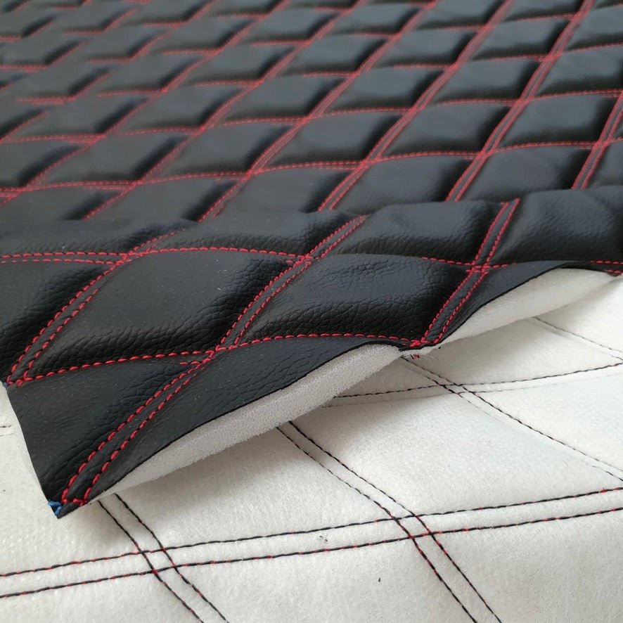 Heavy Leather Padded Foam Bentley Diamond Quilted Double Stitch Car Seats Fabric, Red - Bull Ring Fabrics