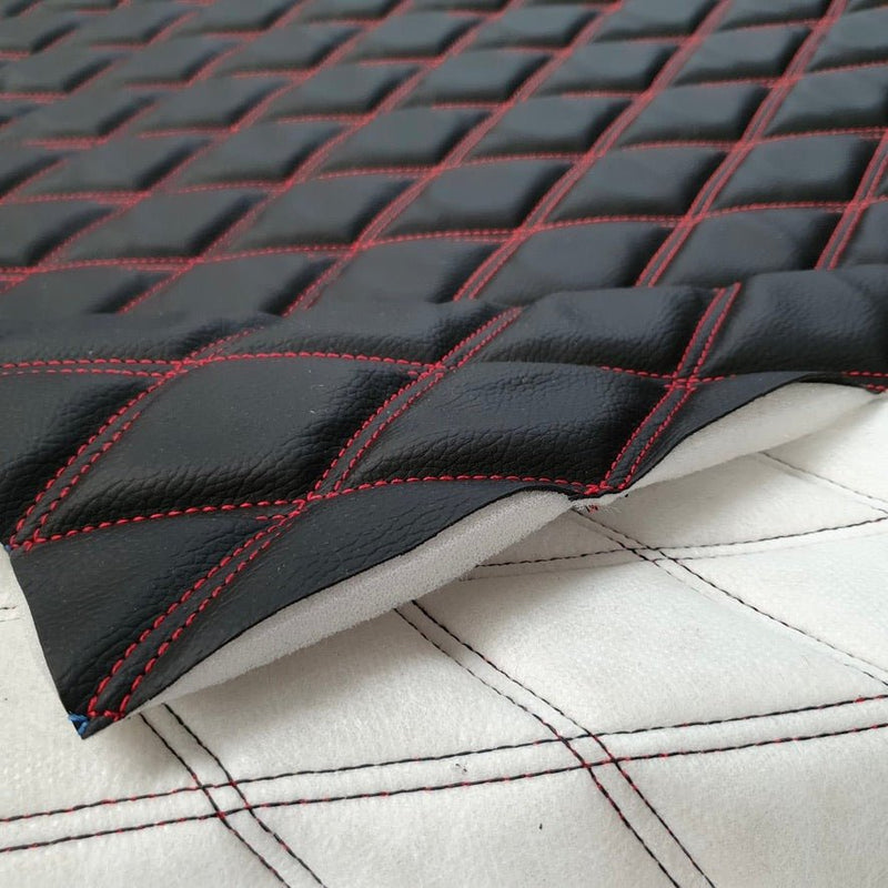 Heavy Leather Padded Foam Bentley Diamond Quilted Double Stitch Car Seats Fabric, Red - Bull Ring Fabrics