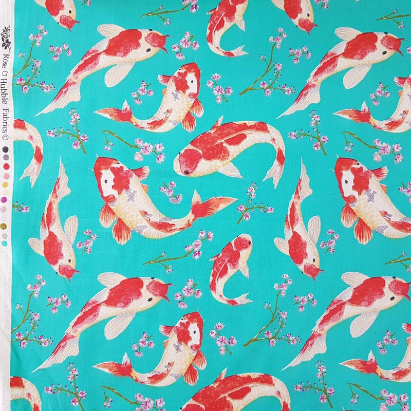 Koi Fish 100% Cotton Poplin Fabric Rose & Hubble 45" Jade Green - Bull Ring Fabrics