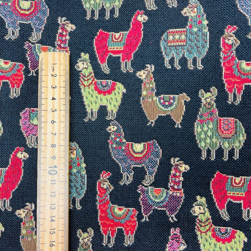 Llama Alpaca Tapestry Fabric Black Multicolour Upholstery Craft Material 54" - Bull Ring Fabrics