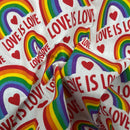 Love is Love Rainbow Polycotton Dress Craft Fabric 45", White - Bull Ring Fabrics