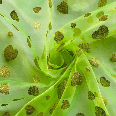 Metallic Glitter Gold Hearts Organza Fabric Dress Draping 150cm, Fluorescent Green - Bull Ring Fabrics