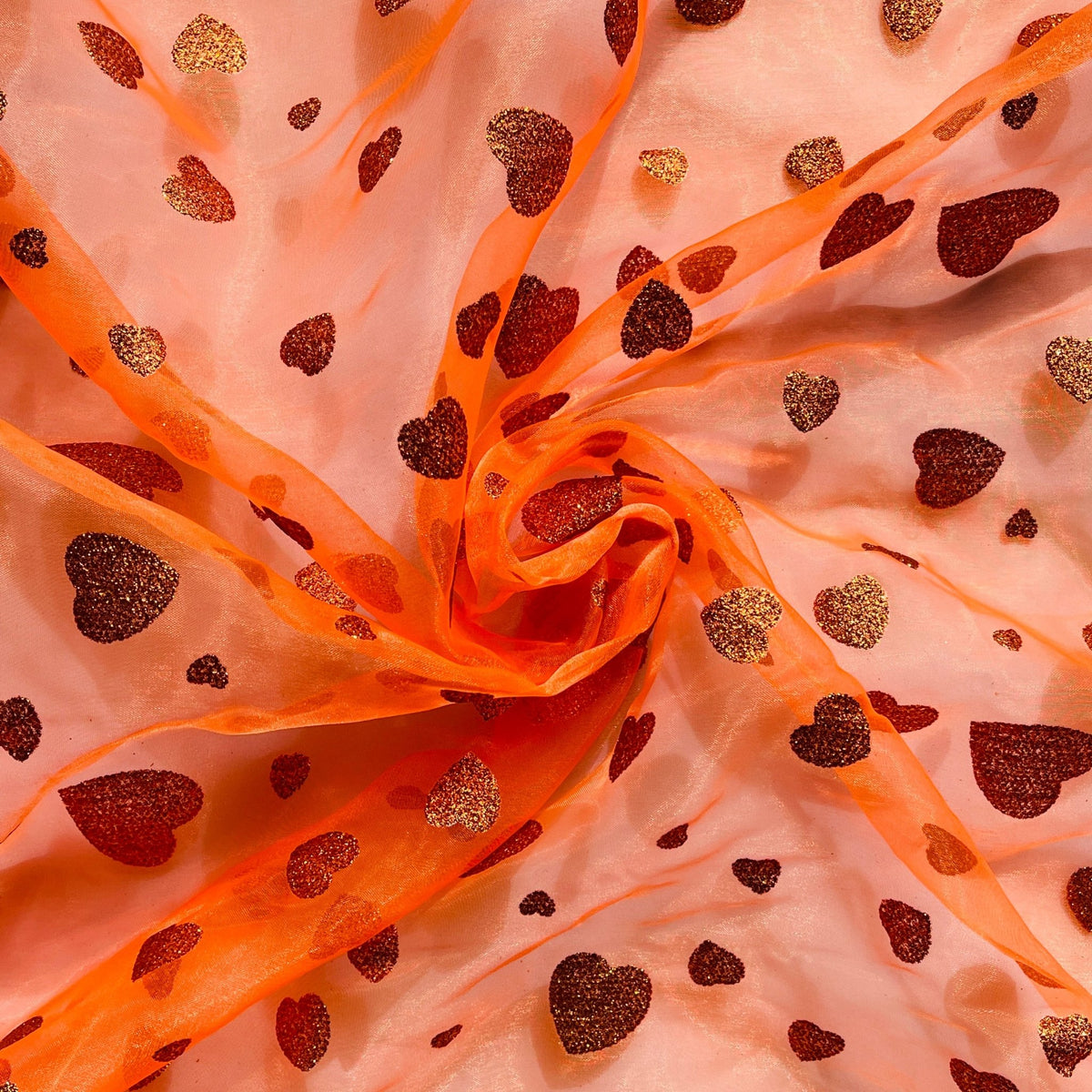 Metallic Glitter Gold Hearts Organza Fabric Dress Draping 150cm, Fluorescent Orange - Bull Ring Fabrics