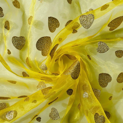 Metallic Glitter Gold Hearts Organza Fabric Dress Draping 150cm, Yellow - Bull Ring Fabrics