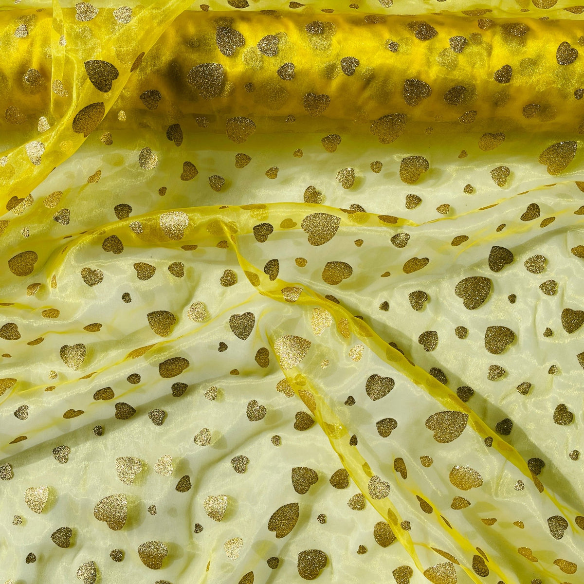 Metallic Glitter Gold Hearts Organza Fabric Dress Draping 150cm, Yellow - Bull Ring Fabrics