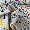 Nautical Sailors Anchors Print Cotton Canvas Fabric Upholstery, Off White - Bull Ring Fabrics