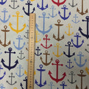 Nautical Sailors Anchors Print Cotton Canvas Fabric Upholstery, Off White - Bull Ring Fabrics