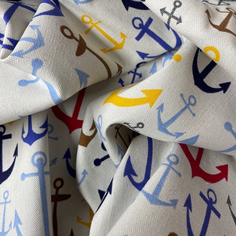 Nautical Sailors Anchors Print Cotton Canvas Fabric Upholstery, Off White - Bull Ring Fabrics
