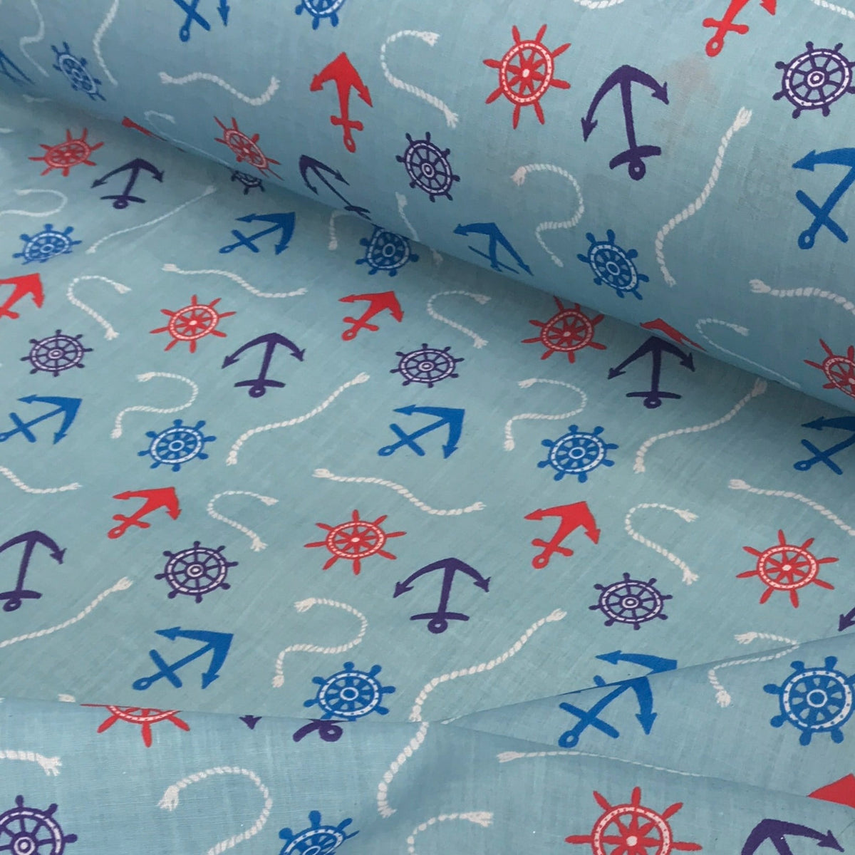 Nautical Seaside Anchors Polycotton Fabric 112cm, Sky Blue - Bull Ring Fabrics