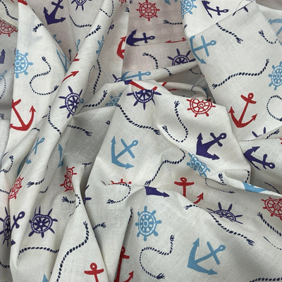 Nautical Seaside Anchors Polycotton Fabric 112cm, White - Bull Ring Fabrics