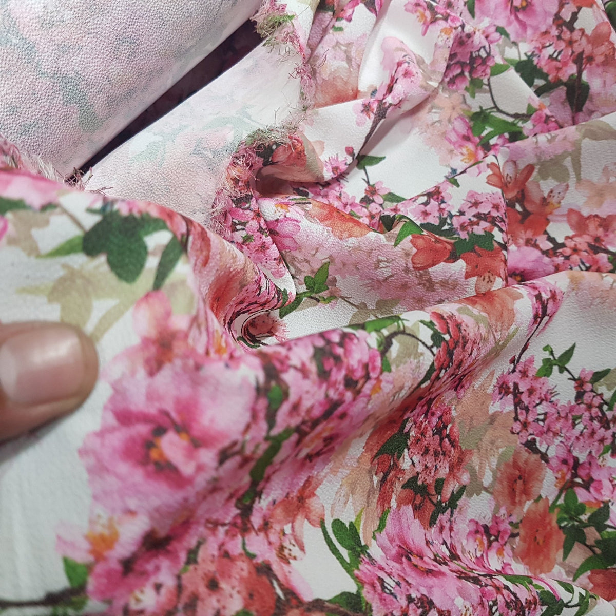 Peach Blossom Floral Flowers Bubble Crepe Dress Fabric, White - Bull Ring Fabrics