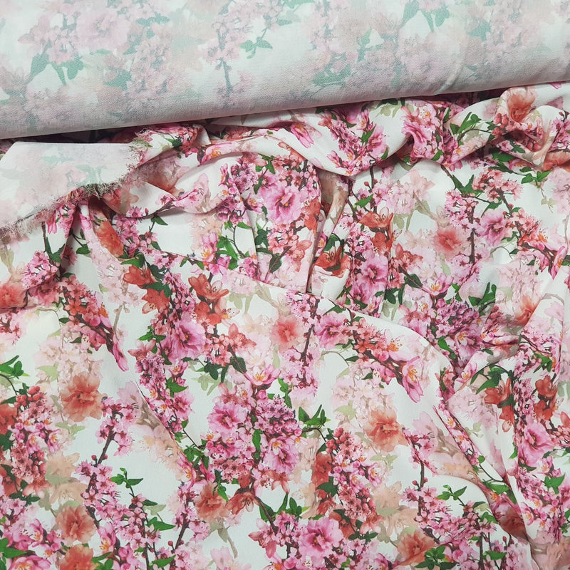 Peach Blossom Floral Flowers Bubble Crepe Dress Fabric, White - Bull Ring Fabrics