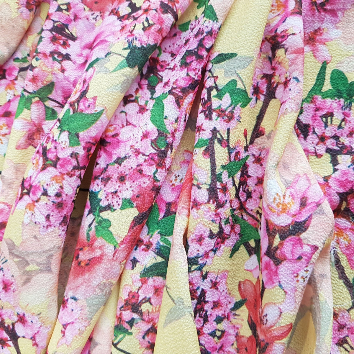 Peach Blossom Floral Flowers Bubble Crepe Dress Fabric, Yellow - Bull Ring Fabrics