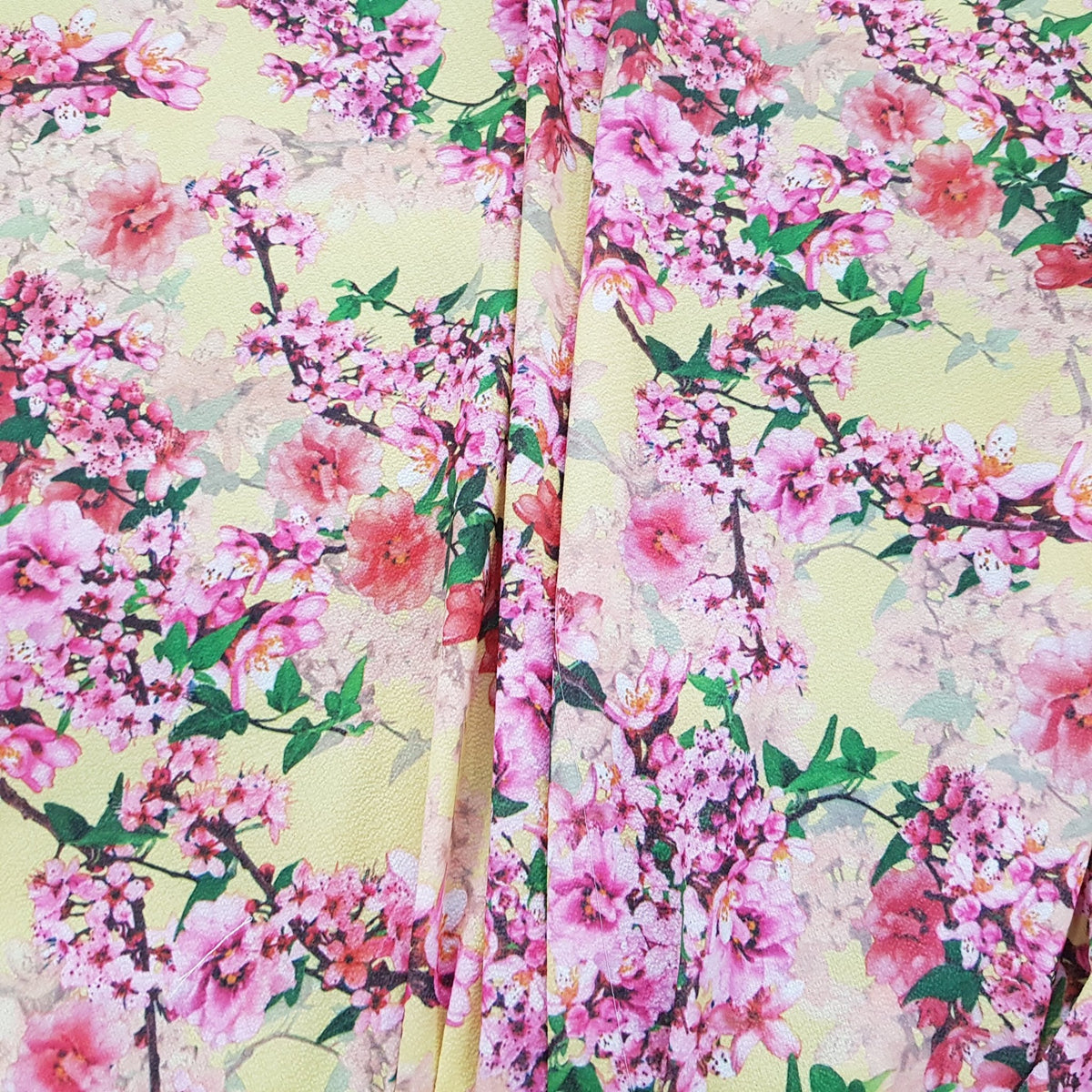 Peach Blossom Floral Flowers Bubble Crepe Dress Fabric, Yellow - Bull Ring Fabrics