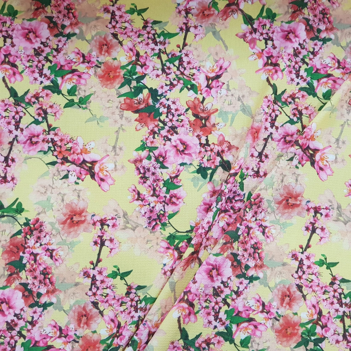 Peach Blossom Floral Flowers Bubble Crepe Dress Fabric, Yellow - Bull Ring Fabrics