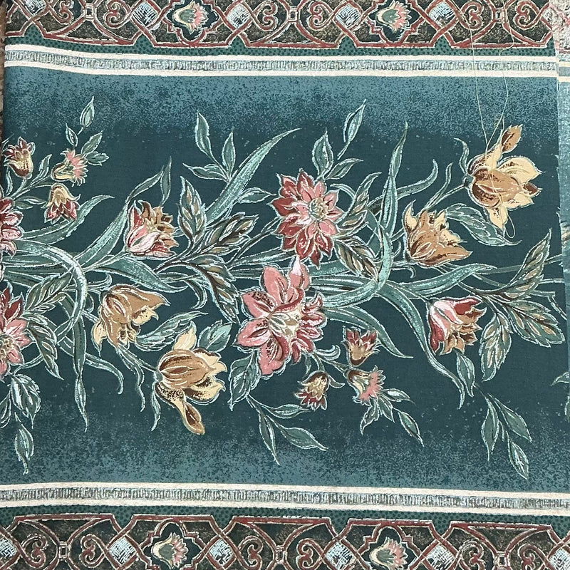 Peach Floral Flowers Vintage Cotton Canvas Curtain Fabric 140cm, Teal Green - Bull Ring Fabrics