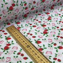 Pink Strawberry Blossom & Butterfly Polycotton Fabric – White Floral Printed Dressmaking & Craft Fabric, 45” Wide - Bull Ring Fabrics