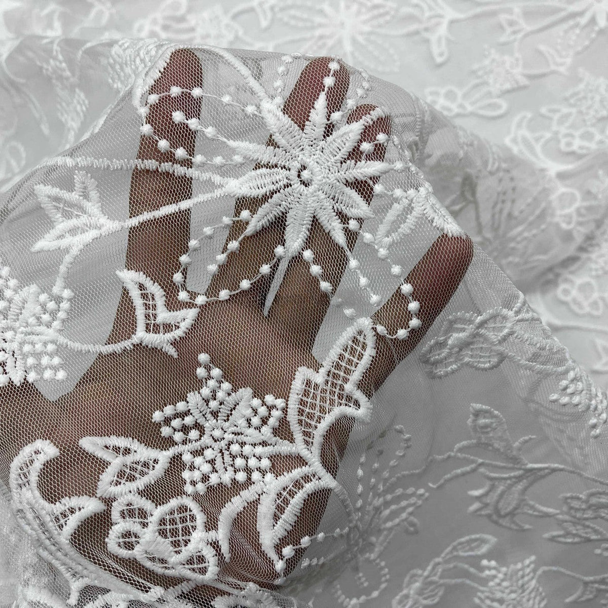 Premium Lace Embroidery Tulle/Net Lace Liberty Floral Flower Fabric, Cream - Bull Ring Fabrics