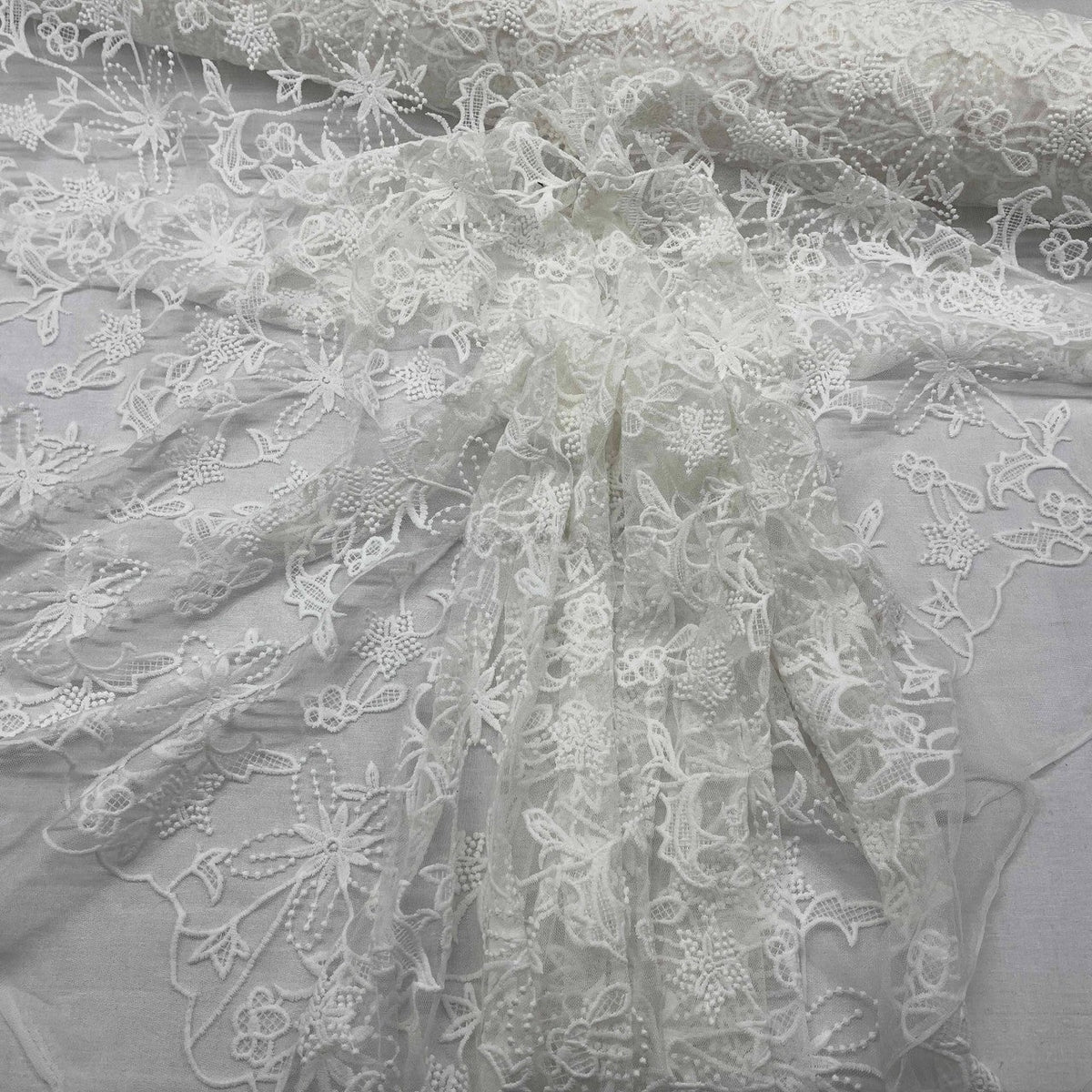 Premium Lace Embroidery Tulle/Net Lace Liberty Floral Flower Fabric, Cream - Bull Ring Fabrics