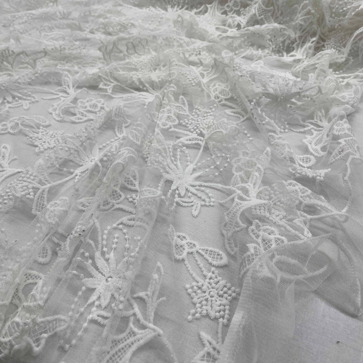 Premium Lace Embroidery Tulle/Net Lace Liberty Floral Flower Fabric, Cream - Bull Ring Fabrics