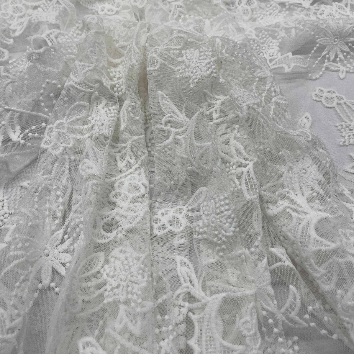 Premium Lace Embroidery Tulle/Net Lace Liberty Floral Flower Fabric, Cream - Bull Ring Fabrics