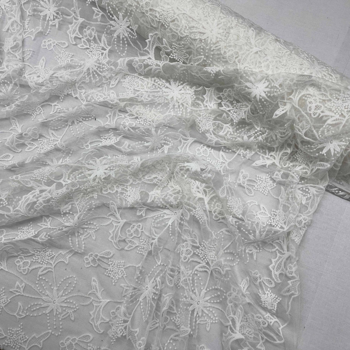 Premium Lace Embroidery Tulle/Net Lace Liberty Floral Flower Fabric, Cream - Bull Ring Fabrics