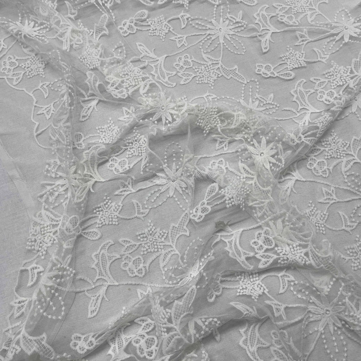 Premium Lace Embroidery Tulle/Net Lace Liberty Floral Flower Fabric, Cream - Bull Ring Fabrics