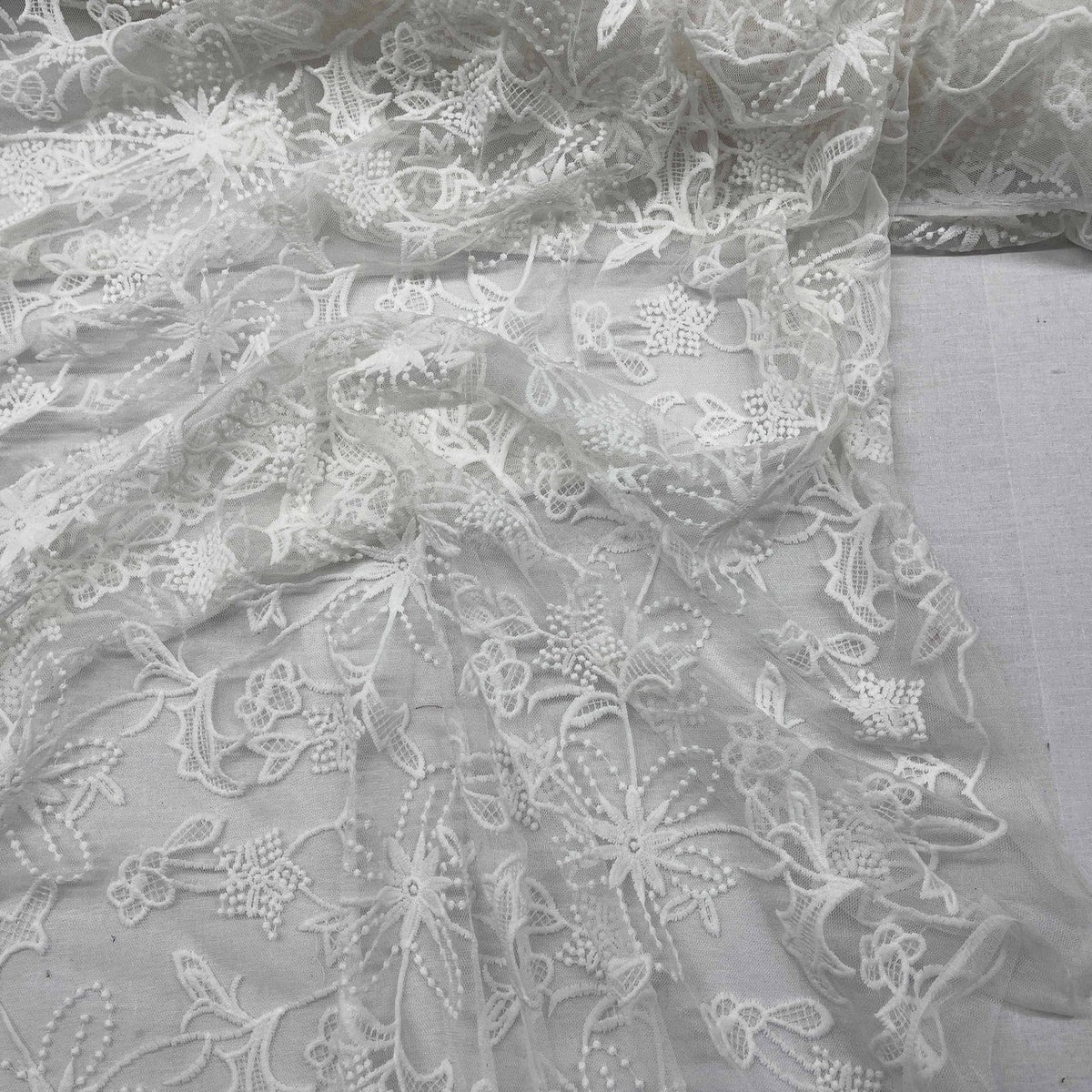 Premium Lace Embroidery Tulle/Net Lace Liberty Floral Flower Fabric, Cream - Bull Ring Fabrics