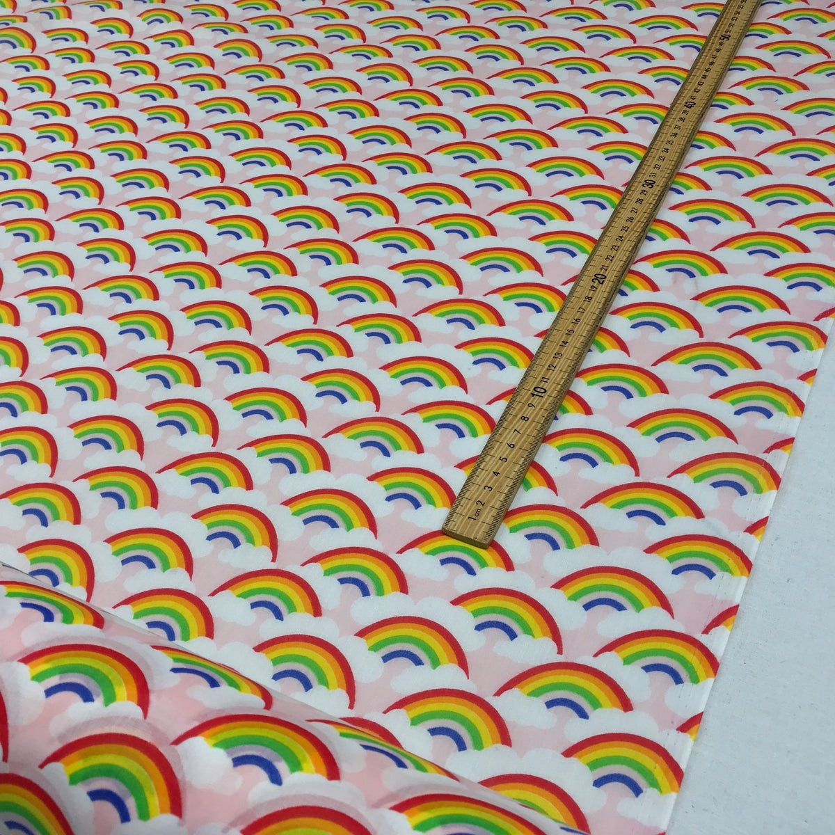 Rainbow In Clouds Polycotton Dress Fabric 45", Pink - Bull Ring Fabrics