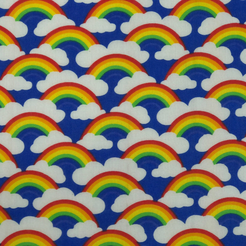 Rainbow In Clouds Polycotton Dress Fabric 45", Royal Blue - Bull Ring Fabrics