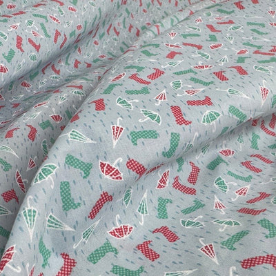 Rainy Day Wellies & Umbrellas Polycotton Fabric – Light Blue Novelty Print Dressmaking & Craft Fabric, 45” Wide - Bull Ring Fabrics