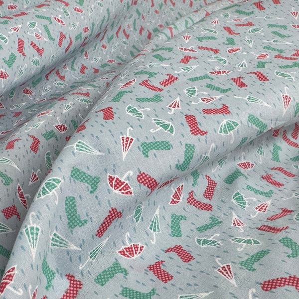 Rainy Day Wellies & Umbrellas Polycotton Fabric – Light Blue Novelty Print Dressmaking & Craft Fabric, 45” Wide