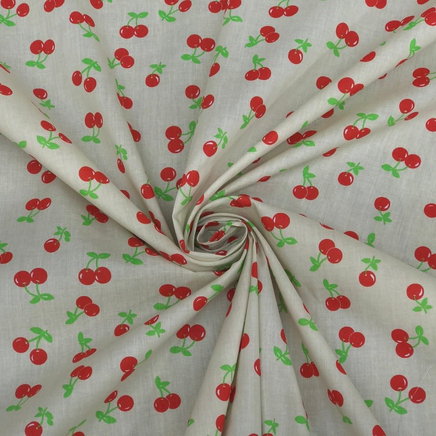 Red Cherries Printed Polycotton Fabric 112cm, Cream - Bull Ring Fabrics