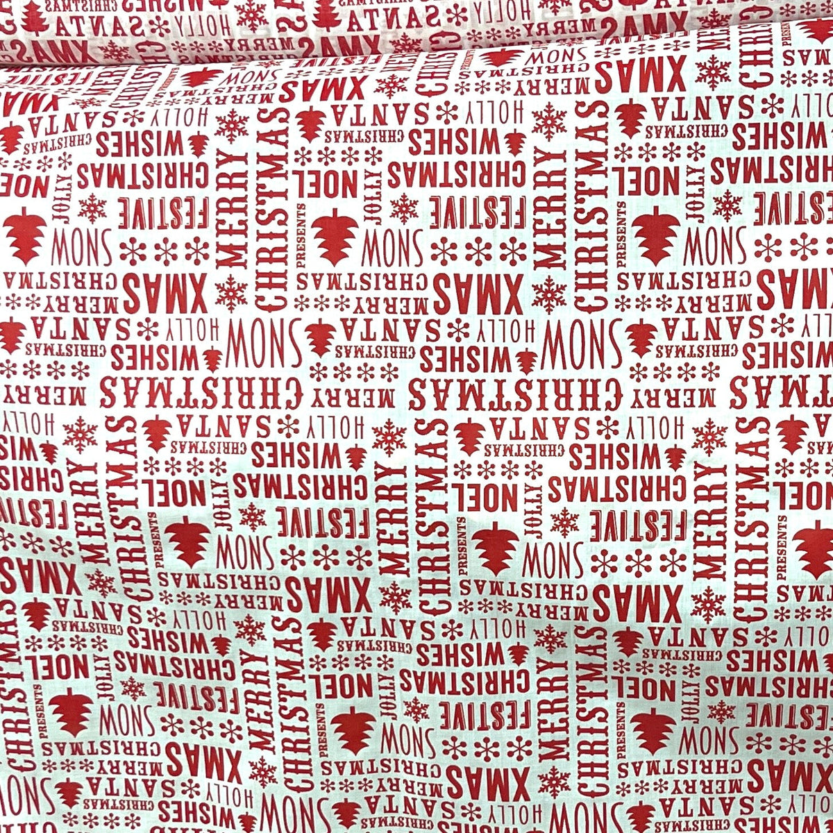 Red Festive Christmas Wishes Polycotton Xmas Fabric 45", White - Bull Ring Fabrics