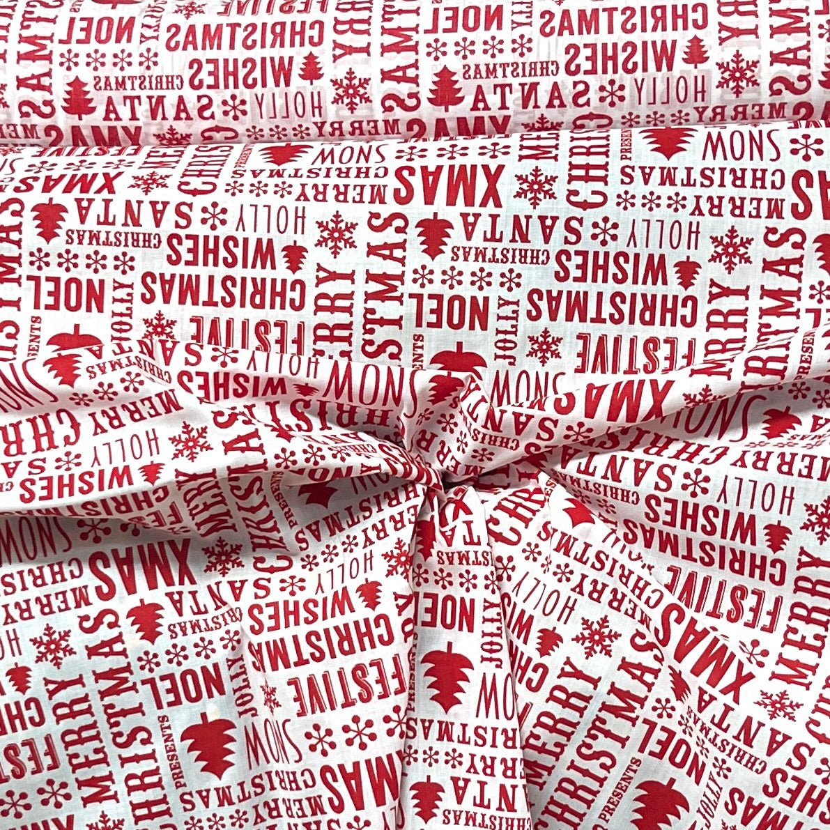 Red Festive Christmas Wishes Polycotton Xmas Fabric 45", White - Bull Ring Fabrics