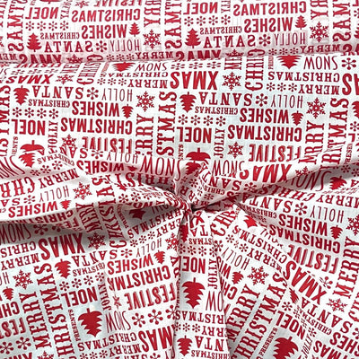 Red Festive Christmas Wishes Polycotton Xmas Fabric 45", White - Bull Ring Fabrics