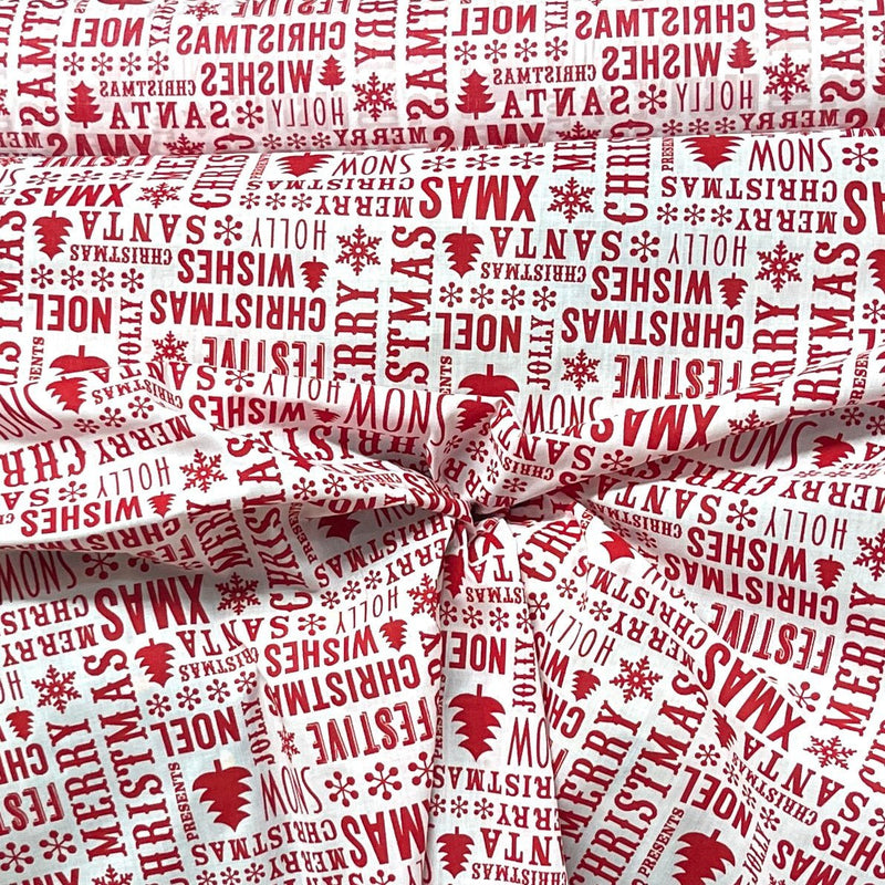 Red Festive Christmas Wishes Polycotton Xmas Fabric 45", White - Bull Ring Fabrics