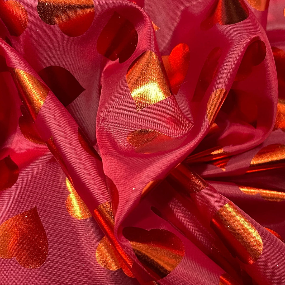 Red Love Foil Hearts Taffeta Fabric, Red - Bull Ring Fabrics