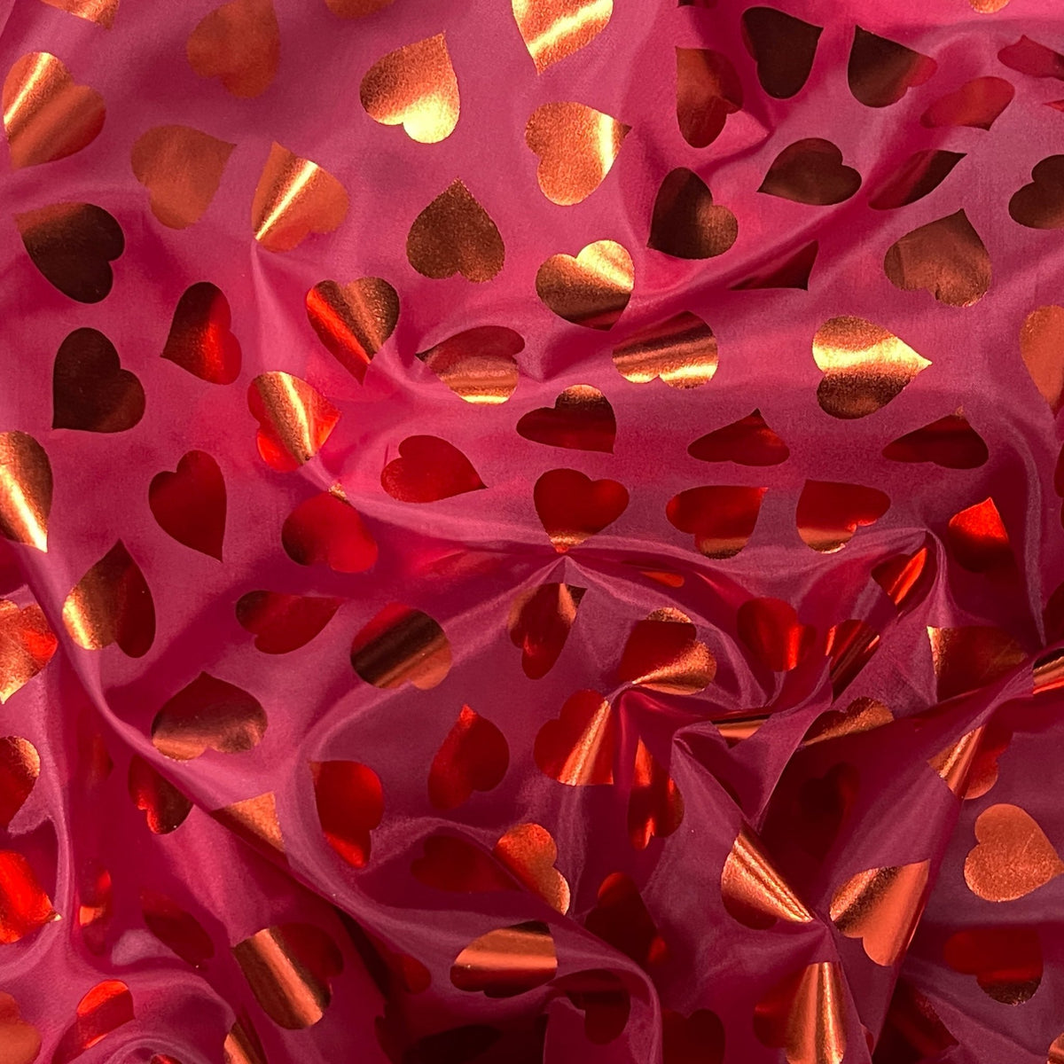 Red Love Foil Hearts Taffeta Fabric, Red - Bull Ring Fabrics