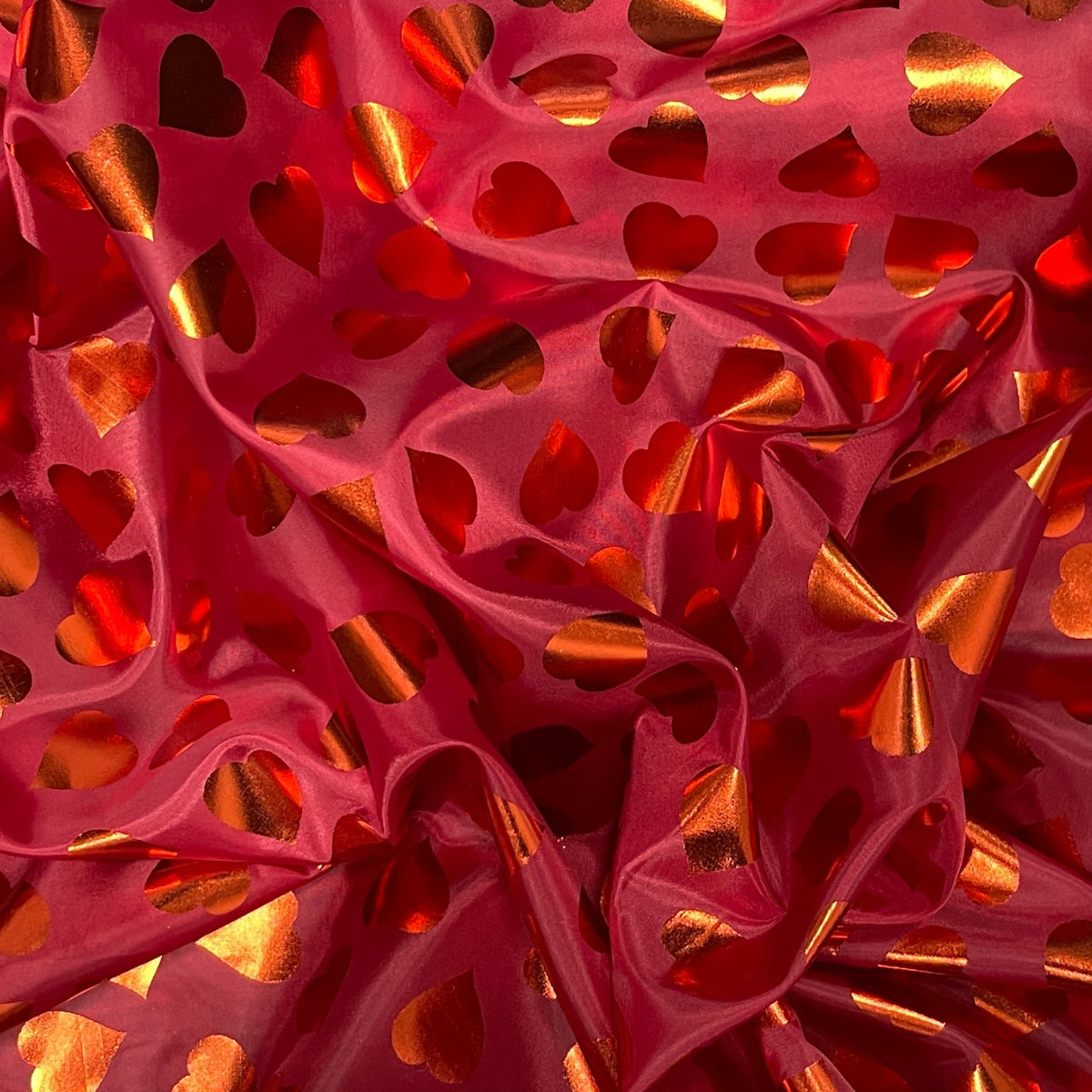 Red Love Foil Hearts Taffeta Fabric, Red - Bull Ring Fabrics