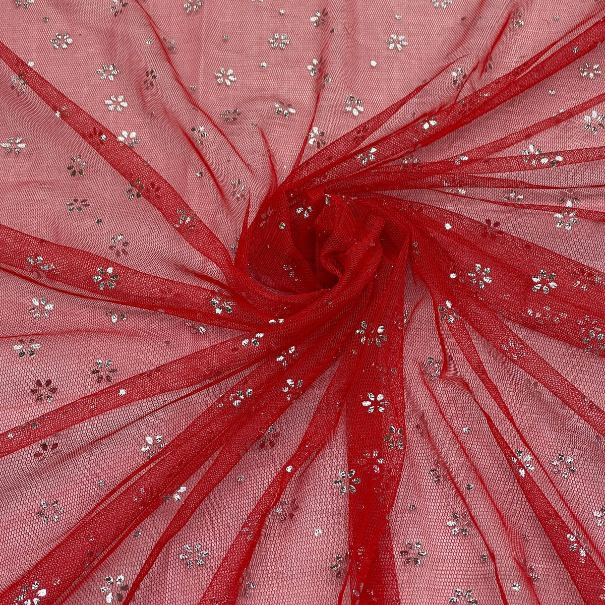 Red Mesh Tulle Net Fabric Metallic Silver Floral Sheer Dress Craft Material - Bull Ring Fabrics