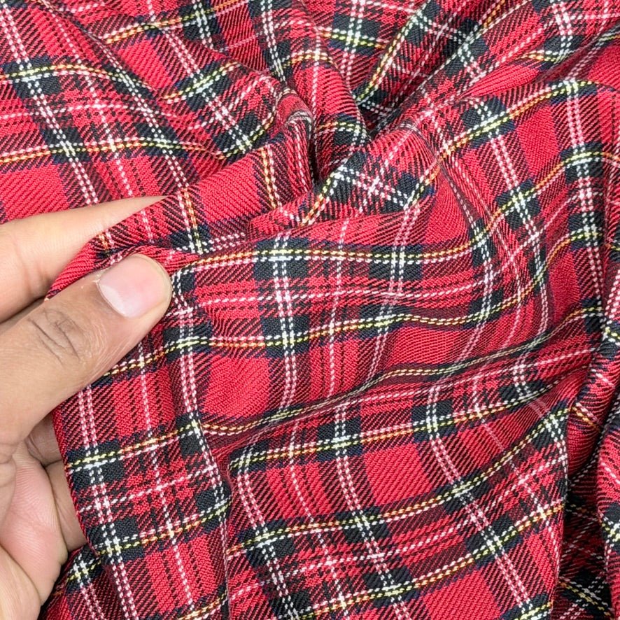 Red Royal Stewart Tartan Small Check Polyviscose Fabric 150cm - Bull Ring Fabrics