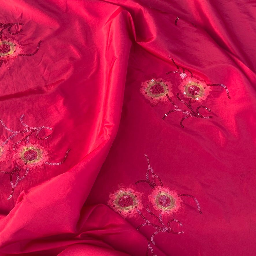 Red Taffeta Fabric Floral Sequins Embroidery Dress Material 60" - Bull Ring Fabrics